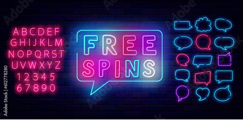 Free spins neon label. Jackpot sign. Shiny pink alphabet. Speech bubbles frames set. Vector stock illustration