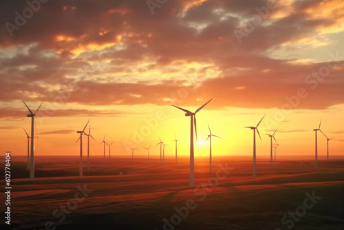 Wind turbines, beautiful sky rising sun. AI Generative