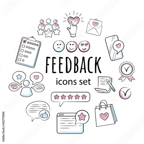 Feedback color set of doodle-style icons. Review, rating, five stars, like.