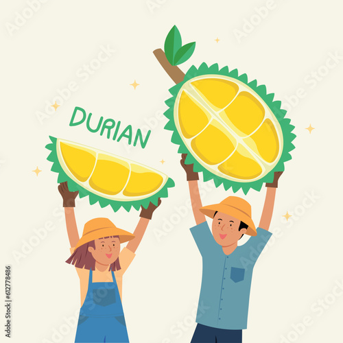 Banner durian with happy farmer, Farmer holding durian, Durian concept.