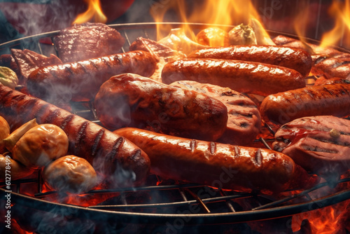 Sausages on the grill with smoke and flames, outdoor summe barbeque, stock photo banner, AI Generative