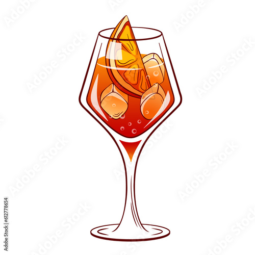 Campari spritz cocktail in glass with ice and slice of orange. Summer Italian aperitif. Retro illustration for bar menu. Vector illustration on a white background.
