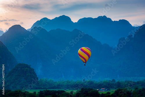 hot air balloon in Vang Vieng, Laos, Beautifull landscape on the Nam Song River in Vang Vieng, Laos