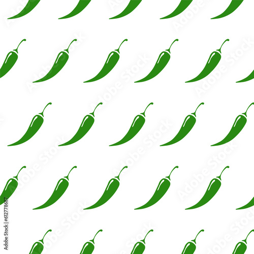 Chilli pepper pattern green color on white background. Pepper sauce with fire flame. Vector Illustration 10 eps