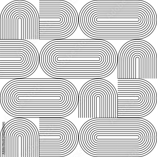 Modern vector abstract seamless geometric pattern with semicircles and circles in retro  style. Black u shapes on white background. Minimalist  illustration in Bauhaus style with simple shapes. © dinadankersdesign