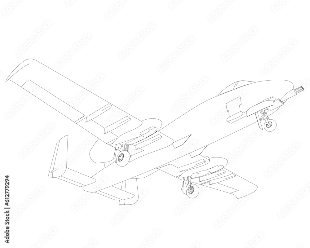 Outline Combat aircraft in isolate on a white background. Modern combat aircraft. Stylized image of a fighter jet on a white background. Vector image for prints, poster and illustrations.. Outline Combat aircraft in isolate on a white background. Modern combat aircraft. Stylized image of a fighter jet on a white background. Vector image for prints, poster and illustrations..