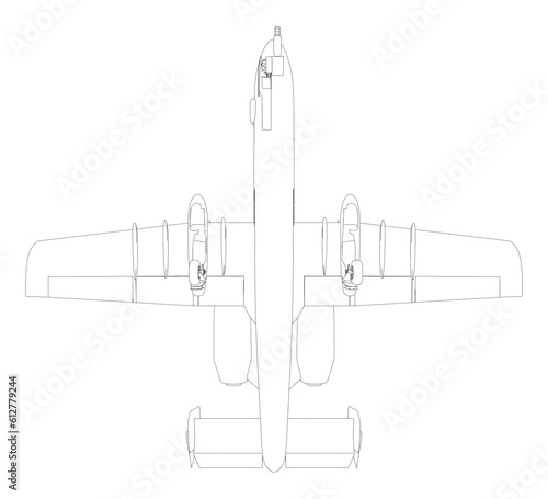 Outline Combat aircraft in isolate on a white background. Modern combat aircraft. Stylized image of a fighter jet on a white background. Vector image for prints, poster and illustrations..