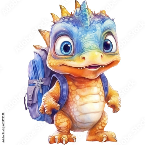 Cute cartoon dinosaur with backpack, Watercolor illustration AI Generative © Thararat