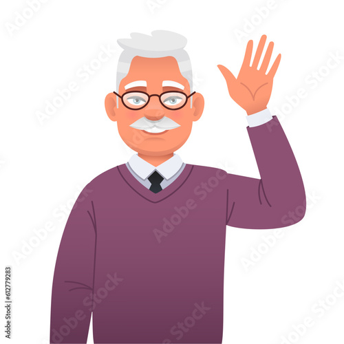 Old handsome grandfather waves his hand. Elderly happy gray-haired man with a mustache and glasses. Portrait of a successful confident businessman.