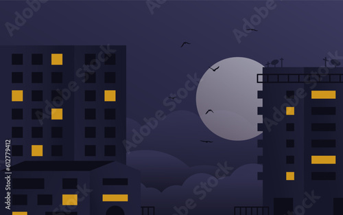 Night city buildings. Cartoon cityscape modern architecture full moon birds, minimal geometric landscape. Vector illustration