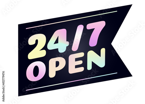 24 hours open sticker holography letter style isolated on white background. Clock, stopwatch, cooking time label. vector 10 eps