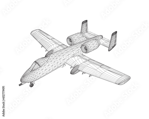 Wireframe Combat aircraft in isolate on a white background. Modern combat aircraft. Stylized image of a fighter jet on a white background. Vector image for prints, poster and illustrations. 3D..