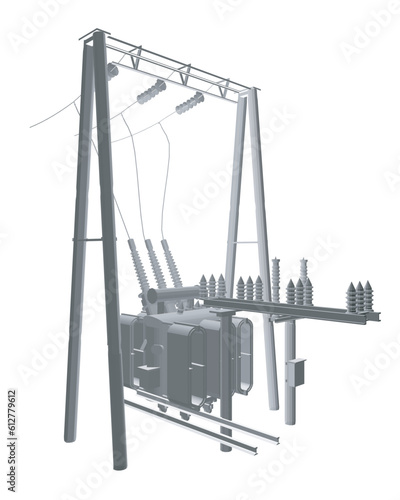 Polygonal Electric transformer substation. Power grid substation - vector illustration. Electrical substation. The high-voltage transformer and switch. Risk of electric shock. electricity supply. 3D..