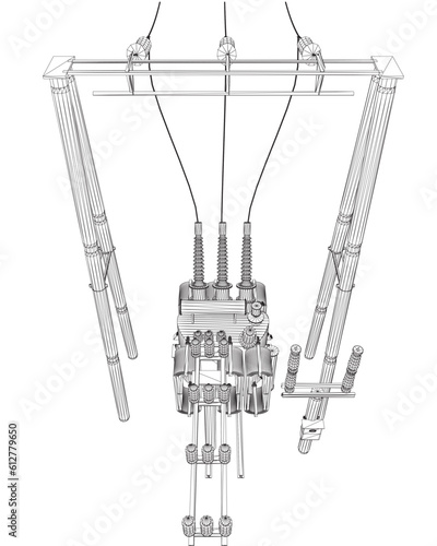 Wireframe Electric transformer substation. Power grid substation - vector illustration. Electrical substation. The high-voltage transformer and switch. Risk of electric shock. electricity supply. 3D..
