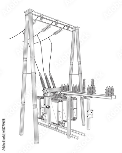 Wireframe Electric transformer substation. Power grid substation - vector illustration. Electrical substation. The high-voltage transformer and switch. Risk of electric shock. electricity supply. 3D..