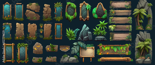 Fototapeta Naklejka Na Ścianę i Meble -  Jungle wooden signboards. Wood board with tropic leaves,game wooden and stone panels in jungle style with space for text. Empty boards from brown wood. Generative AI