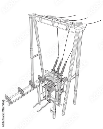 Wireframe Electric transformer substation. Power grid substation - vector illustration. Electrical substation. The high-voltage transformer and switch. Risk of electric shock. electricity supply. 3D..