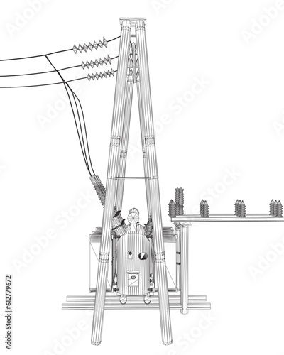 Wireframe Electric transformer substation. Power grid substation - vector illustration. Electrical substation. The high-voltage transformer and switch. Risk of electric shock. electricity supply. 3D..