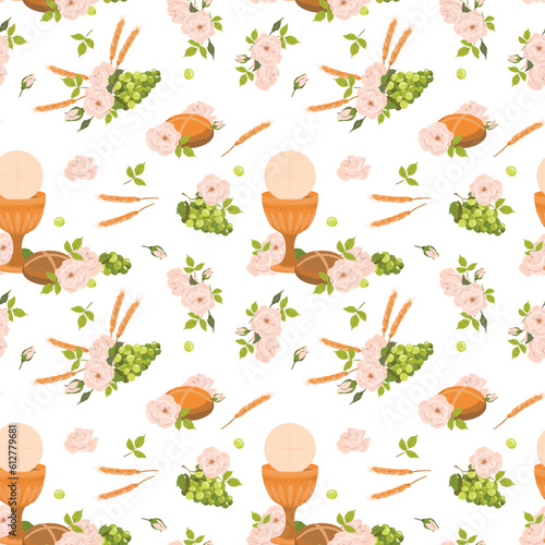 Seamless pattern with symbols of the Christian religion. holy communion elements - chalice, grapes, bread, ears of corn. Vector. Design for fabric, wallpaper, textile.