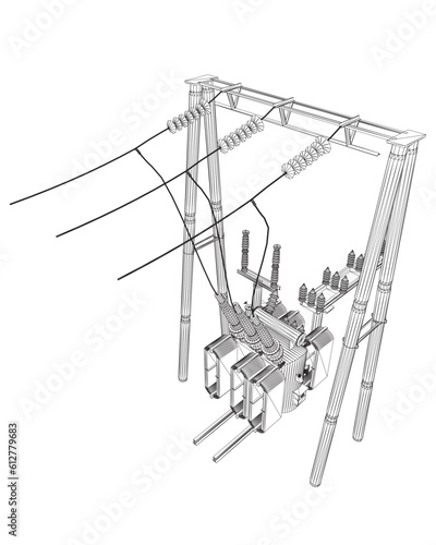 Wireframe Electric transformer substation. Power grid substation - vector illustration. Electrical substation. The high-voltage transformer and switch. Risk of electric shock. electricity supply. 3D..
