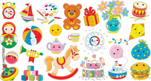 Cute Kawaii baby toys, colorful gifts and holiday sweets for little kids, set of outline vector cartoon illustrations isolated on a white background