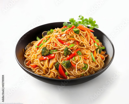 A black plate of noodles with vegetables isolated on white background, front view  ai generated