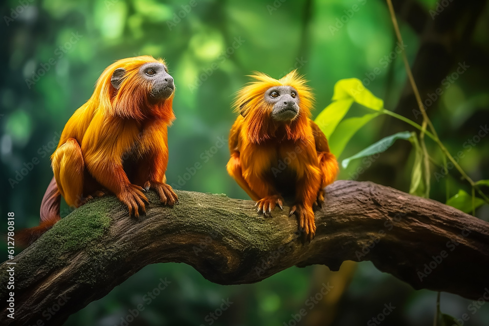 pair of golden lion tamarins (Leontopithecus rosalia), perched on a tree branch, in a green and fairy-like fores pair of golden lion tamarins (Leontopithecus rosalia), perched on a tree branch, in a green and fairy-like fores