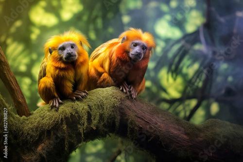 pair of golden lion tamarins (Leontopithecus rosalia), perched on a tree branch, in a green and fairy-like fores photo
