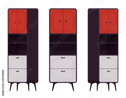 Cupboard furniture set in accent red, black. Functional kitchen buffet, laundry, pantry display cabinet, utility room stuff storage. Vector flat style cartoon home, office isolated, white background