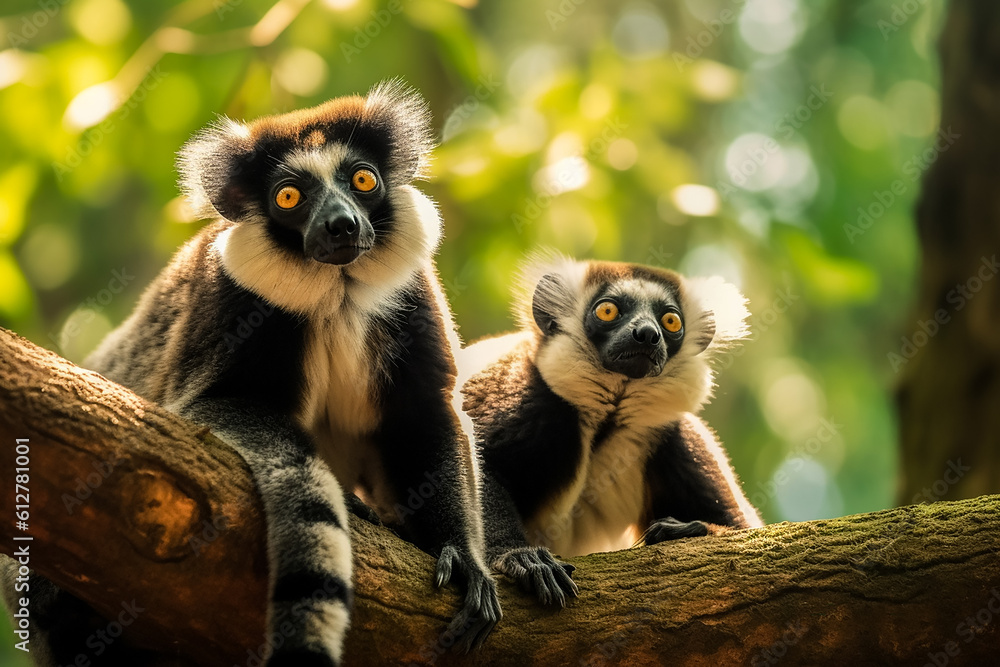 Fototapeta premium pair of Sambirano silky-furred lemurs (Indri indri), on a tree, in a green and fairy-like forest