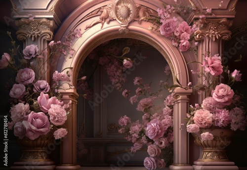 Photo Pink roses on victorian columns- ai generated