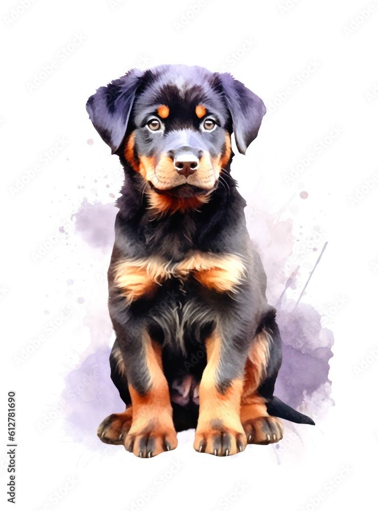 Rottweiler puppy on white background, cartoon watercolor illustration. Generative AI. Rottweiler puppy on white background, cartoon watercolor illustration. Generative AI.