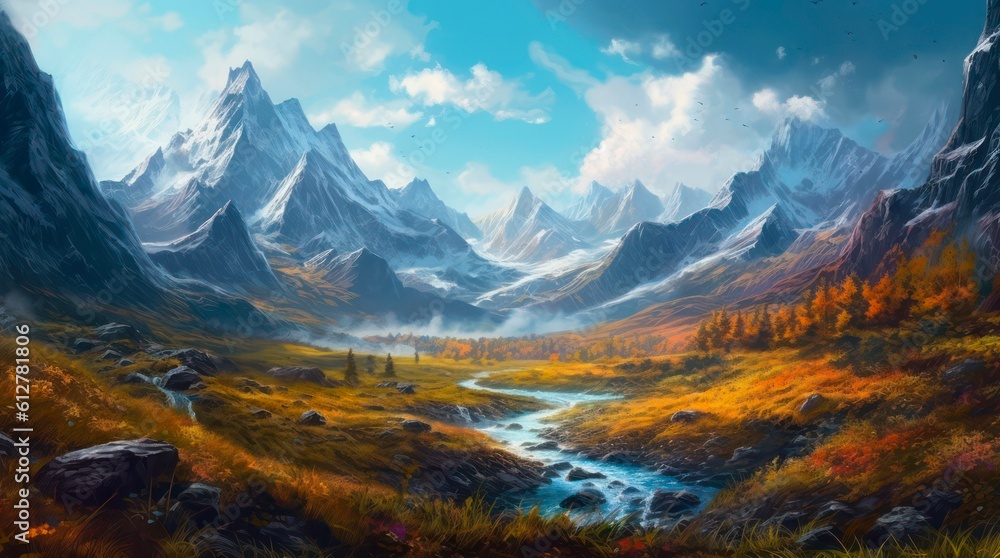 Incredible landscape of snowy mountains and clear blue river flowing through the meadow. Generative AI.