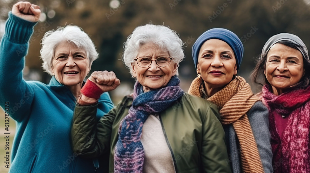 Group of senior women walking in the park. They are happy and smiling. Generative AI.