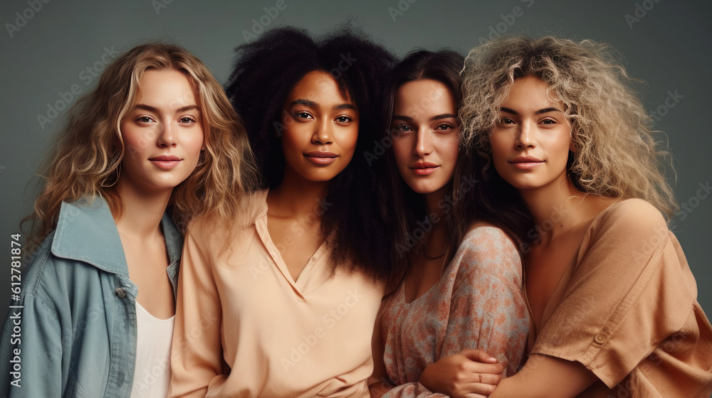 Obraz premium Group of multiethnic women with different skin color posing together in studio. Generative AI.