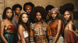 Group of african women with afro hairstyle posing at studio. Generative AI.