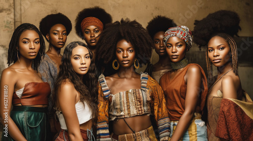 Group of african  women with afro hairstyle posing at studio. Generative AI. photo