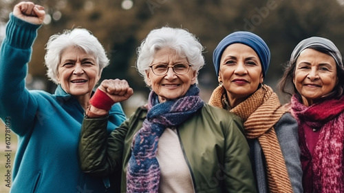 Group of senior women walking in the park. They are happy and smiling. Generative AI.