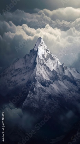 Snow covered mountain from a bird's eye view. Generative AI.