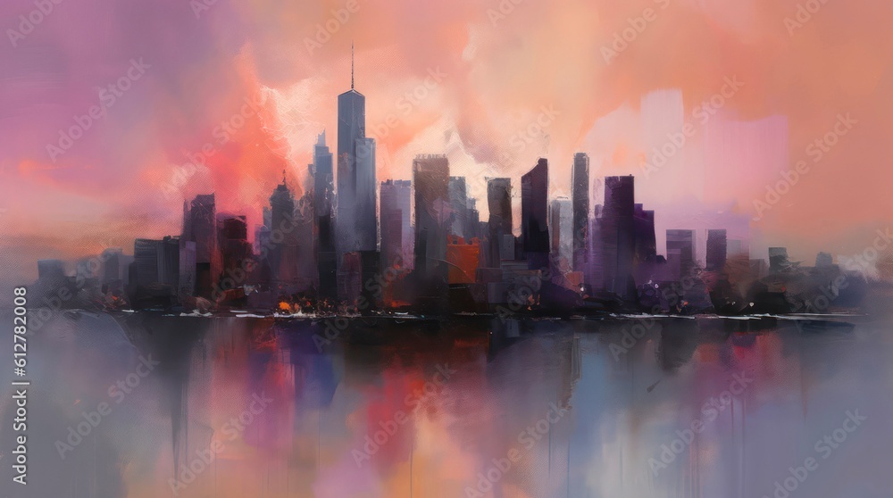 Watercolor abstract panorama of city skyline. Generative AI.