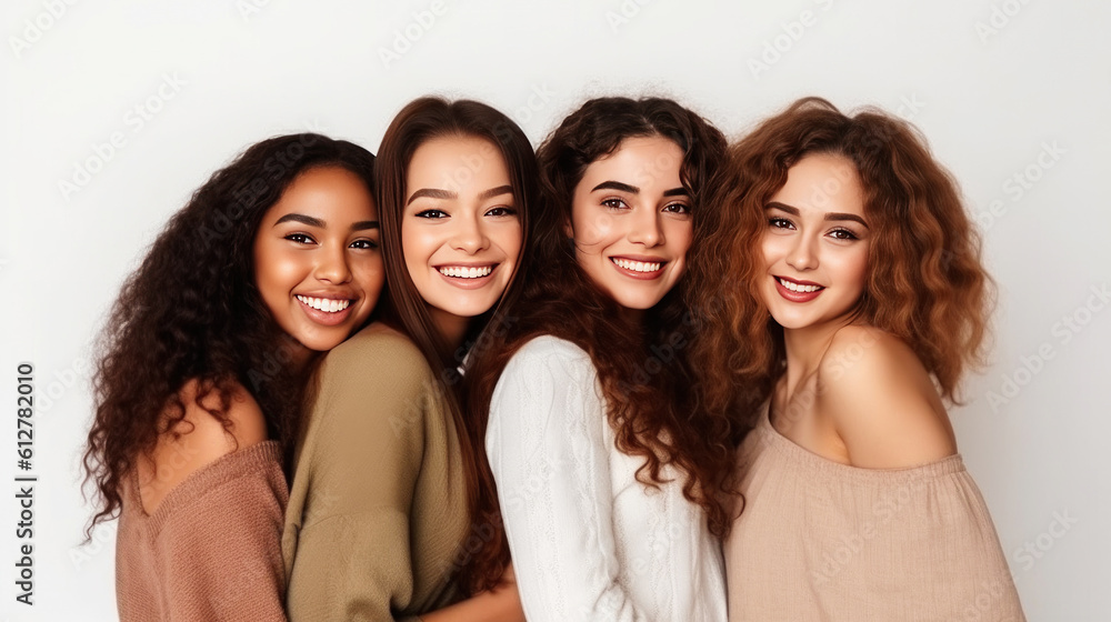 beauty, people and friendship concept - group of smiling multi women hugging over white background. Generative AI. beauty, people and friendship concept - group of smiling multi women hugging over white background. Generative AI.