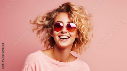 Portrait of a beautiful young woman with curly hair and sunglasses on a pink background. Generative AI.