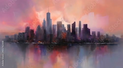 Watercolor abstract panorama of city skyline. Generative AI.