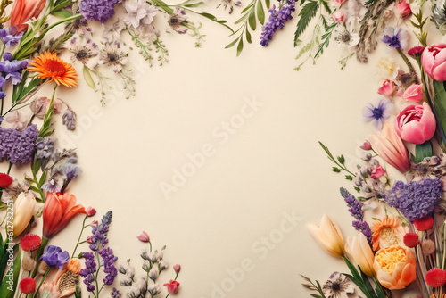 Arrangement of spring flowers against a pastel colors background. Blooming concept. Flat lay