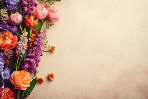 Arrangement of spring flowers against a pastel colors background. Blooming concept. Flat lay