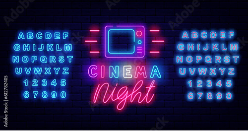 Cinema night neon label with tv icon. Movie time. Shiny turquoise, alphabet. Vector stock illustration