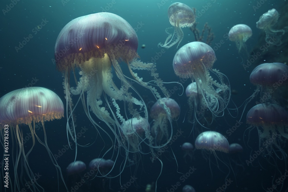 A detailed illustration of a group of sea creatures, such as jellyfish or octopus, in a deep and mysterious underwater setting, Generative AI