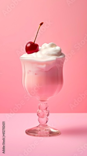 Glass of cherry milk cocktail with whipped cream on pastel pink background. Generative AI.