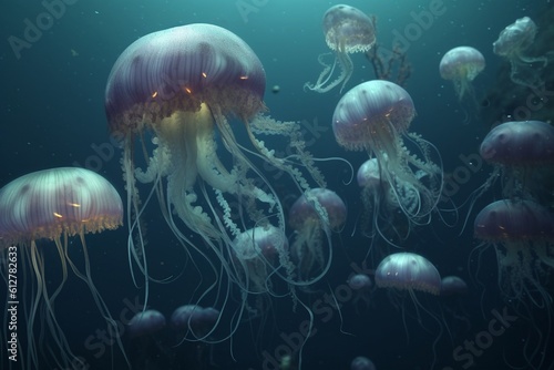 A detailed illustration of a group of sea creatures, such as jellyfish or octopus, in a deep and mysterious underwater setting, Generative AI © CARLOS