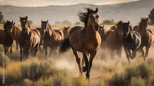 An awe-inspiring image of a magnificent herd of wild horses galloping freely across an expansive meadow, their manes flowing in the summer breeze, evoking a sense of untamed beauty, free Generative AI © CanvasPixelDreams